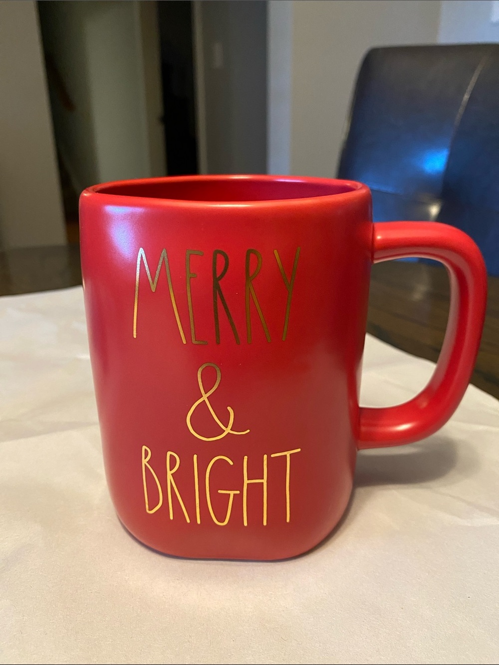 Rae Dunn Red Mug with Gold 'Merry & Bright' Lettering